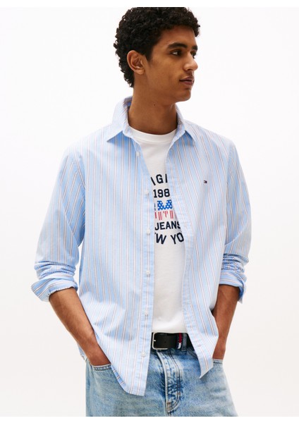 Normal Açık Mavi Çizgili Erkek Gömlek DM0DM21693C3Q Tjm Essnt Poplın Reg fiyatları