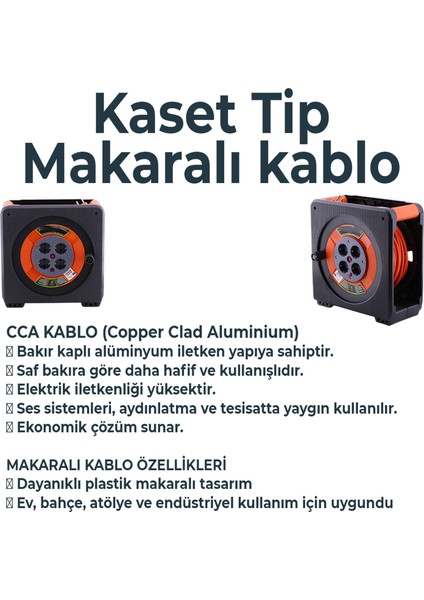Kaset Tipi 3x1.5 Mm² 20 Metre Cca Makaralı Uzatma Kablosu Termal Sigortalı Sağlam Seyyar Güvenli modelleri
