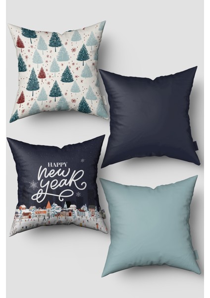 Lacivert Yeşil Çam Ağacı Yılbaşı 4'lü Kırlent Kılıfı Seti