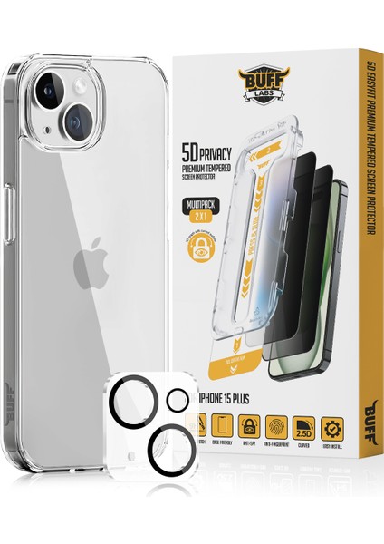 Buff iPhone 15 Plus Avantaj Paket - Şeffaf Kılıf + Ekran Koruyucu + Lens Koruyucu Privacy