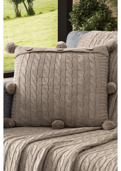Ponponlu Triko Örme Kırlent Kılıfı - 40X40 cm Kare Yastık Kılıfı -Bej