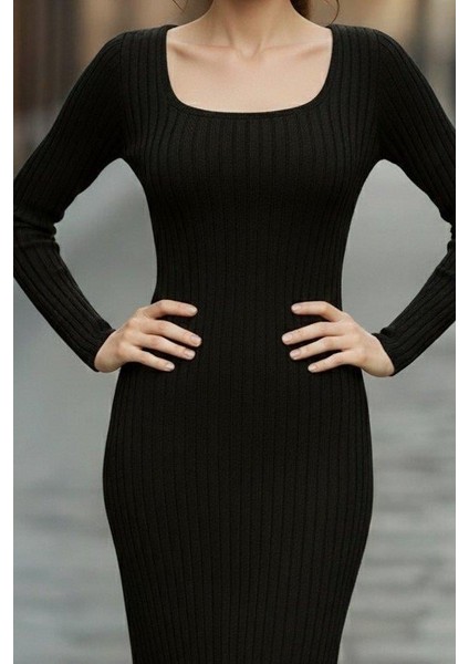 Kadın Uzun Kollu Kare Yakalı Midi Şardonlu Kaşkorse Elbise fiyatları