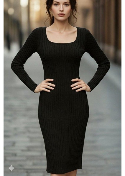 Kadın Uzun Kollu Kare Yakalı Midi Şardonlu Kaşkorse Elbise modelleri