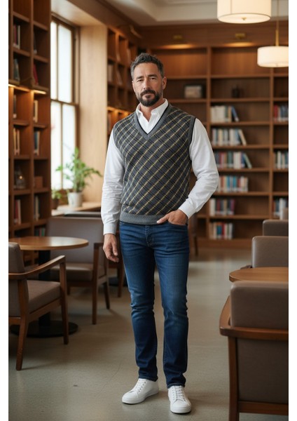 Erkek Çelik Örgü Ekose Desenli Kışlık Kalın Triko V Yaka Triko Örgü Tüylenmez Baba Süveter Regular