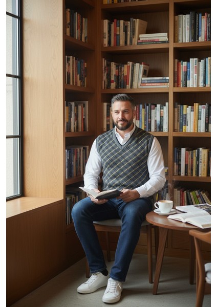 Erkek Çelik Örgü Ekose Desenli Kışlık Kalın Triko V Yaka Triko Örgü Tüylenmez Baba Süveter Regular fırsatları