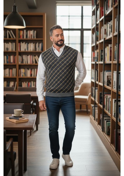 Erkek Çelik Örgü Ekose Desenli Kışlık Kalın Triko V Yaka Triko Örgü Tüylenmez Baba Süveter Regular indirimleri