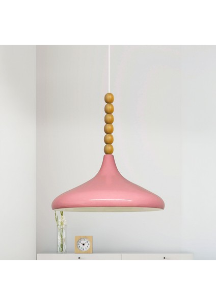 Pembe Ahşap Altı Boncuklu Tekli Avize Sarkıt Salon Mutfak Butik Lamba