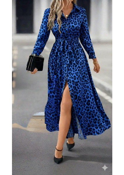 Kadın Uzun Kollu Yakalı Belden Kuşaklı Leopar Desenli Modal Uzun Elbise