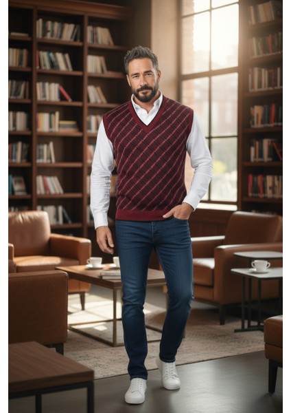 Erkek Çelik Örgü Ekose Desenli Kışlık Kalın Triko V Yaka Triko Örgü Tüylenmez Baba Süveter Regular