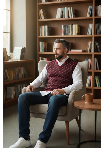 Erkek Çelik Örgü Ekose Desenli Kışlık Kalın Triko V Yaka Triko Örgü Tüylenmez Baba Süveter Regular fiyatları