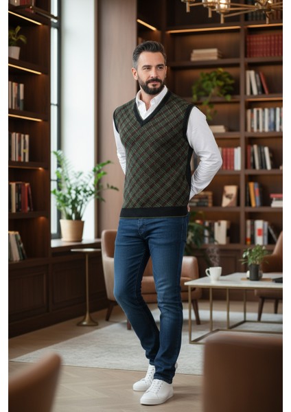 Erkek Çelik Örgü Ekose Desenli Kışlık Kalın Triko V Yaka Triko Örgü Tüylenmez Baba Süveter Regular