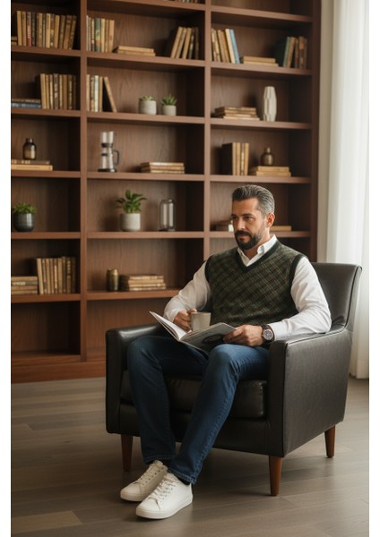 Erkek Çelik Örgü Ekose Desenli Kışlık Kalın Triko V Yaka Triko Örgü Tüylenmez Baba Süveter Regular modelleri