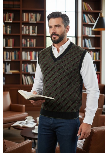 Erkek Çelik Örgü Ekose Desenli Kışlık Kalın Triko V Yaka Triko Örgü Tüylenmez Baba Süveter Regular fırsatları