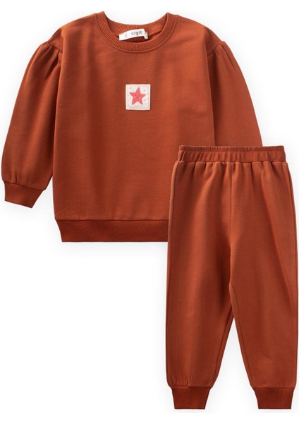 Etiket Detaylı Sweatshirt Takım 1-7 Yaş Kiremit