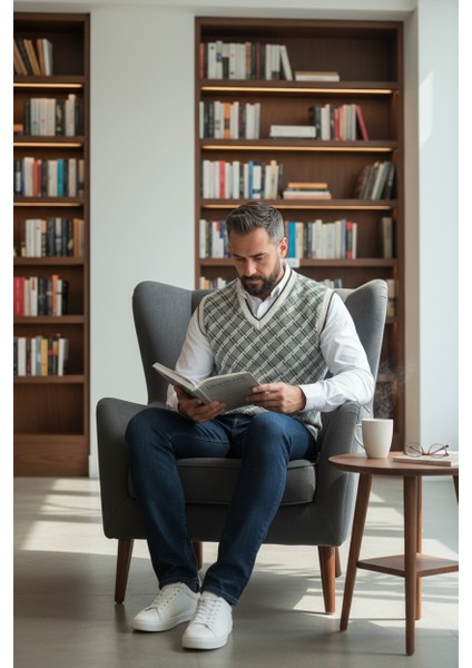 Erkek Çelik Örgü Ekose Desenli Kışlık Kalın Triko V Yaka Triko Örgü Tüylenmez Baba Süveter Regular