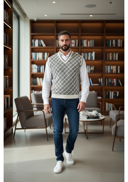 Erkek Çelik Örgü Ekose Desenli Kışlık Kalın Triko V Yaka Triko Örgü Tüylenmez Baba Süveter Regular fiyatları