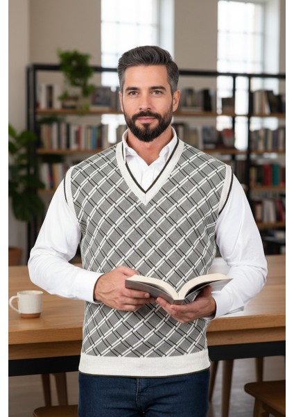 Erkek Çelik Örgü Ekose Desenli Kışlık Kalın Triko V Yaka Triko Örgü Tüylenmez Baba Süveter Regular fırsatları