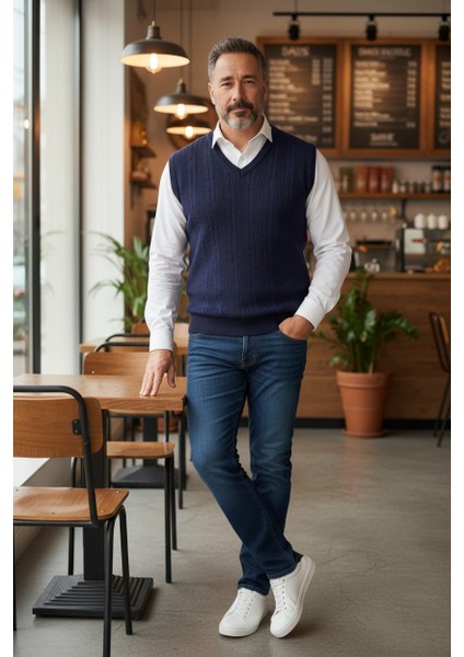 Erkek V Yaka Triko Örgü Tüylenmez Süveter Regular Fit Saç Örgü Linyis Desenli modelleri