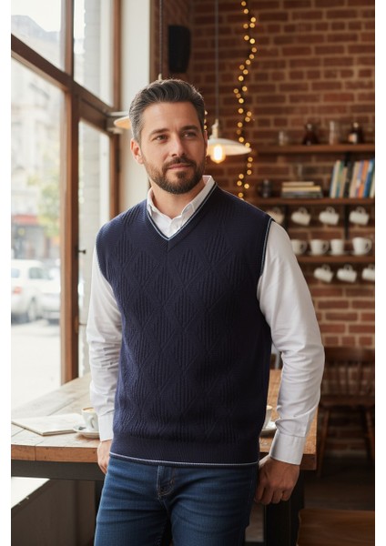 Erkek V Yaka Triko Örgü Tüylenmez Süveter Regular Fit Saç Örgü Linyis Desenli indirimleri