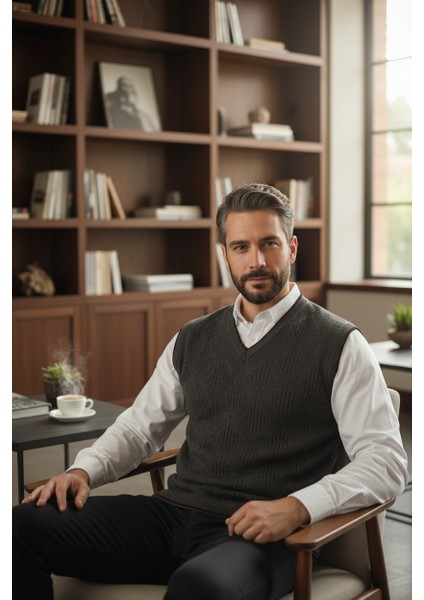 Erkek V Yaka Triko Örgü Tüylenmez Süveter Regular Fit Saç Örgü Linyis Desenli