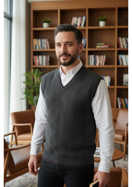 Erkek V Yaka Triko Örgü Tüylenmez Süveter Regular Fit Saç Örgü Linyis Desenli fiyatları