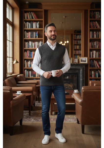 Erkek V Yaka Triko Örgü Tüylenmez Süveter Regular Fit Saç Örgü Linyis Desenli modelleri