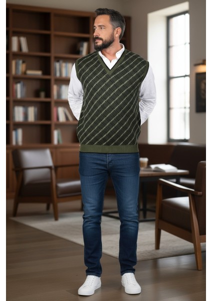 Erkek Çelik Örgü Ekose Desenli Kışlık Kalın Triko V Yaka Triko Örgü Tüylenmez Baba Süveter Regular