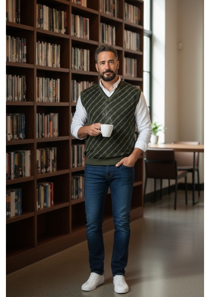 Erkek Çelik Örgü Ekose Desenli Kışlık Kalın Triko V Yaka Triko Örgü Tüylenmez Baba Süveter Regular fırsatları