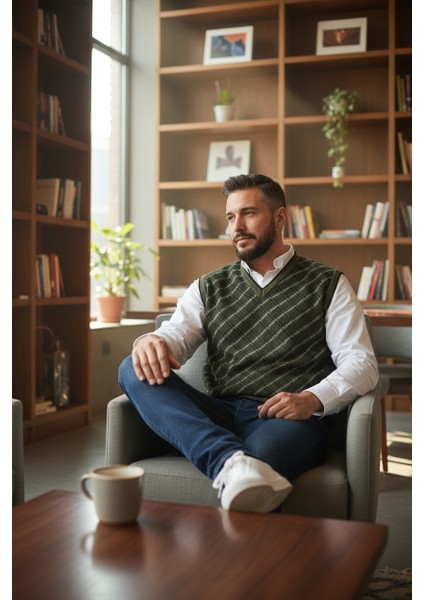 Erkek Çelik Örgü Ekose Desenli Kışlık Kalın Triko V Yaka Triko Örgü Tüylenmez Baba Süveter Regular modelleri