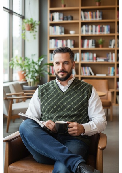 Erkek Çelik Örgü Ekose Desenli Kışlık Kalın Triko V Yaka Triko Örgü Tüylenmez Baba Süveter Regular indirimleri