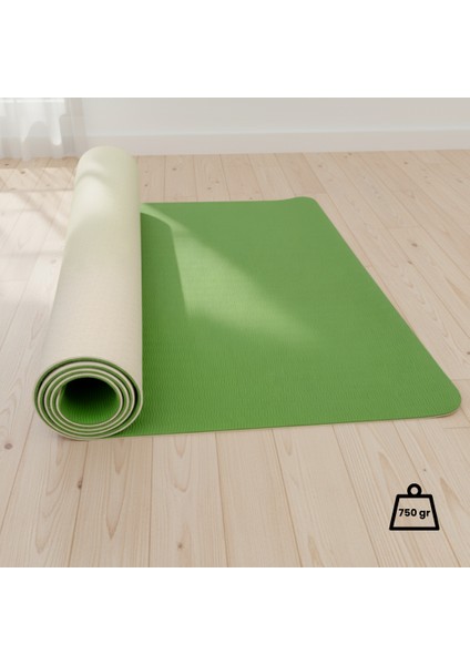 Çift Taraflı Tpe Yoga Pilates Matı 6mm Kaymaz Hafif Taşınabilir – Yeşil & Krem