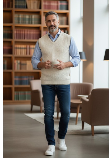 Erkek V Yaka Triko Örgü Tüylenmez Süveter Regular Fit Saç Örgü Linyis Desenli