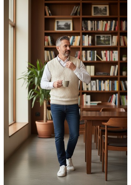 Erkek V Yaka Triko Örgü Tüylenmez Süveter Regular Fit Saç Örgü Linyis Desenli fırsatları