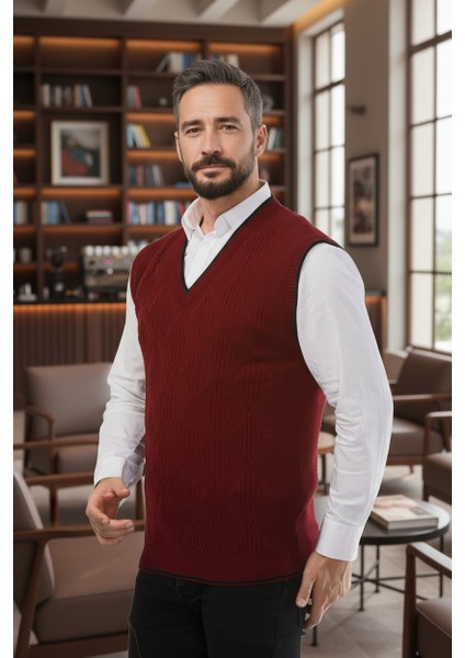 Erkek V Yaka Triko Örgü Tüylenmez Süveter Regular Fit Saç Örgü Linyis Desenli