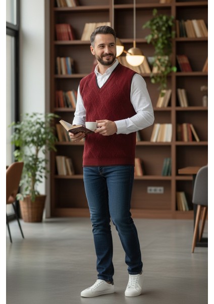 Erkek V Yaka Triko Örgü Tüylenmez Süveter Regular Fit Saç Örgü Linyis Desenli fiyatları