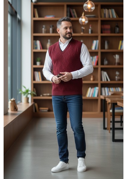 Erkek V Yaka Triko Örgü Tüylenmez Süveter Regular Fit Saç Örgü Linyis Desenli fırsatları