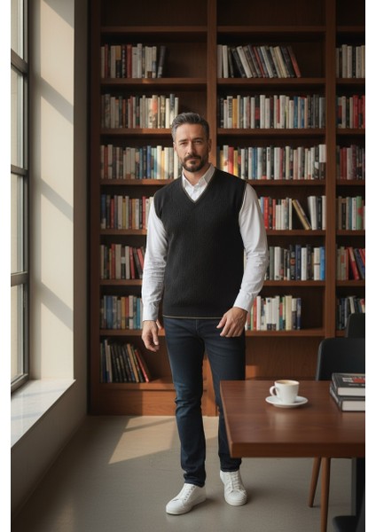 Erkek V Yaka Triko Örgü Tüylenmez Süveter Regular Fit Saç Örgü Linyis Desenli