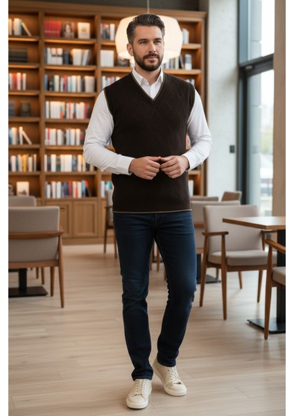 Erkek V Yaka Triko Örgü Tüylenmez Süveter Regular Fit Saç Örgü Linyis Desenli modelleri