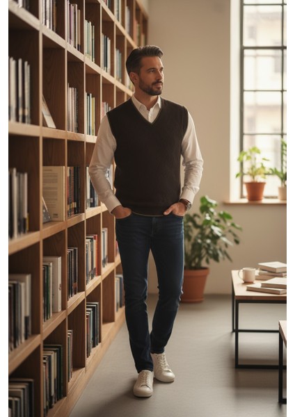 Erkek V Yaka Triko Örgü Tüylenmez Süveter Regular Fit Saç Örgü Linyis Desenli fırsatları