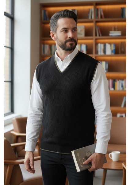 Erkek V Yaka Triko Örgü Tüylenmez Süveter Regular Fit Saç Örgü Linyis Desenli