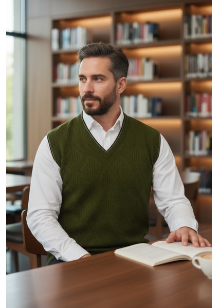 Erkek V Yaka Triko Örgü Tüylenmez Süveter Regular Fit Saç Örgü Linyis Desenli