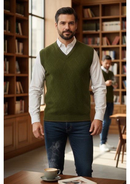 Erkek V Yaka Triko Örgü Tüylenmez Süveter Regular Fit Saç Örgü Linyis Desenli modelleri
