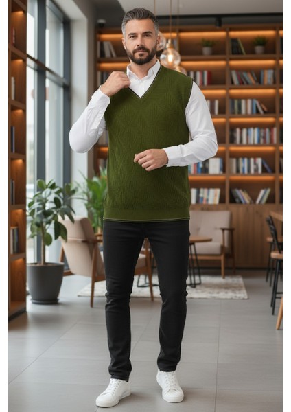 Erkek V Yaka Triko Örgü Tüylenmez Süveter Regular Fit Saç Örgü Linyis Desenli fırsatları