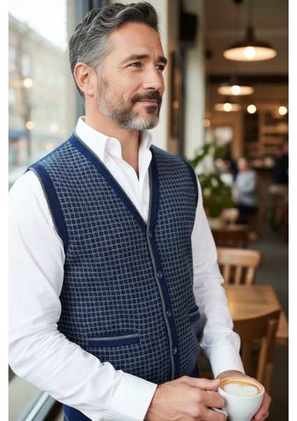 Erkek Çelik Örgü Düğmeli Cepli Kazayağı Desen Tüylenmeyen Triko Kışlık Baba Kazak Yelek