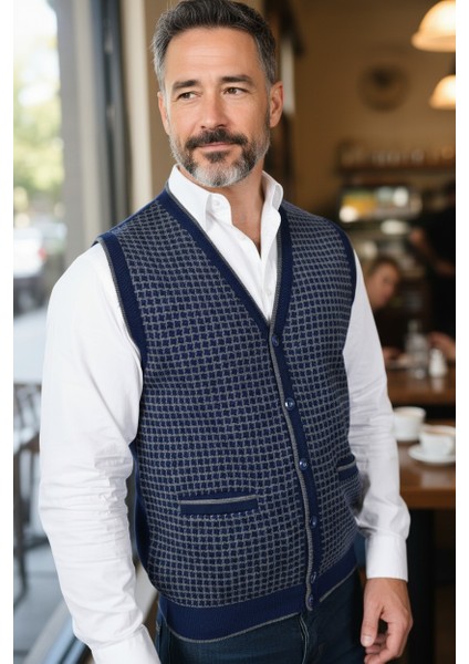 Erkek Çelik Örgü Düğmeli Cepli Kazayağı Desen Tüylenmeyen Triko Kışlık Baba Kazak Yelek modelleri