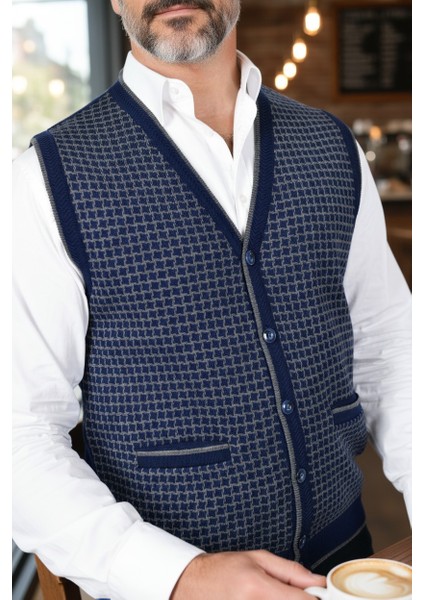 Erkek Çelik Örgü Düğmeli Cepli Kazayağı Desen Tüylenmeyen Triko Kışlık Baba Kazak Yelek fırsatları