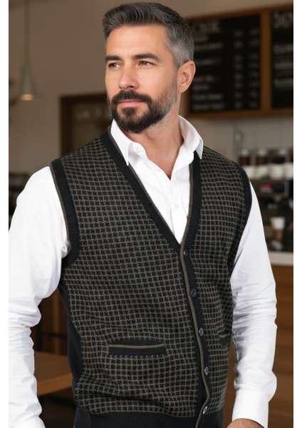 Erkek Çelik Örgü Düğmeli Cepli Kazayağı Desen Tüylenmeyen Triko Kışlık Baba Kazak Yelek