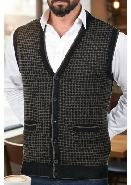 Erkek Çelik Örgü Düğmeli Cepli Kazayağı Desen Tüylenmeyen Triko Kışlık Baba Kazak Yelek fiyatları