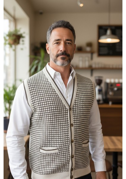 Erkek Çelik Örgü Düğmeli Cepli Kazayağı Desen Tüylenmeyen Triko Kışlık Baba Kazak Yelek