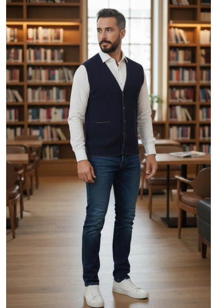 Erkek V Yaka Triko Düğmeli Cepli Çizgi Desenli Regular Fit Tüylenmeyen Örgü Yelek modelleri